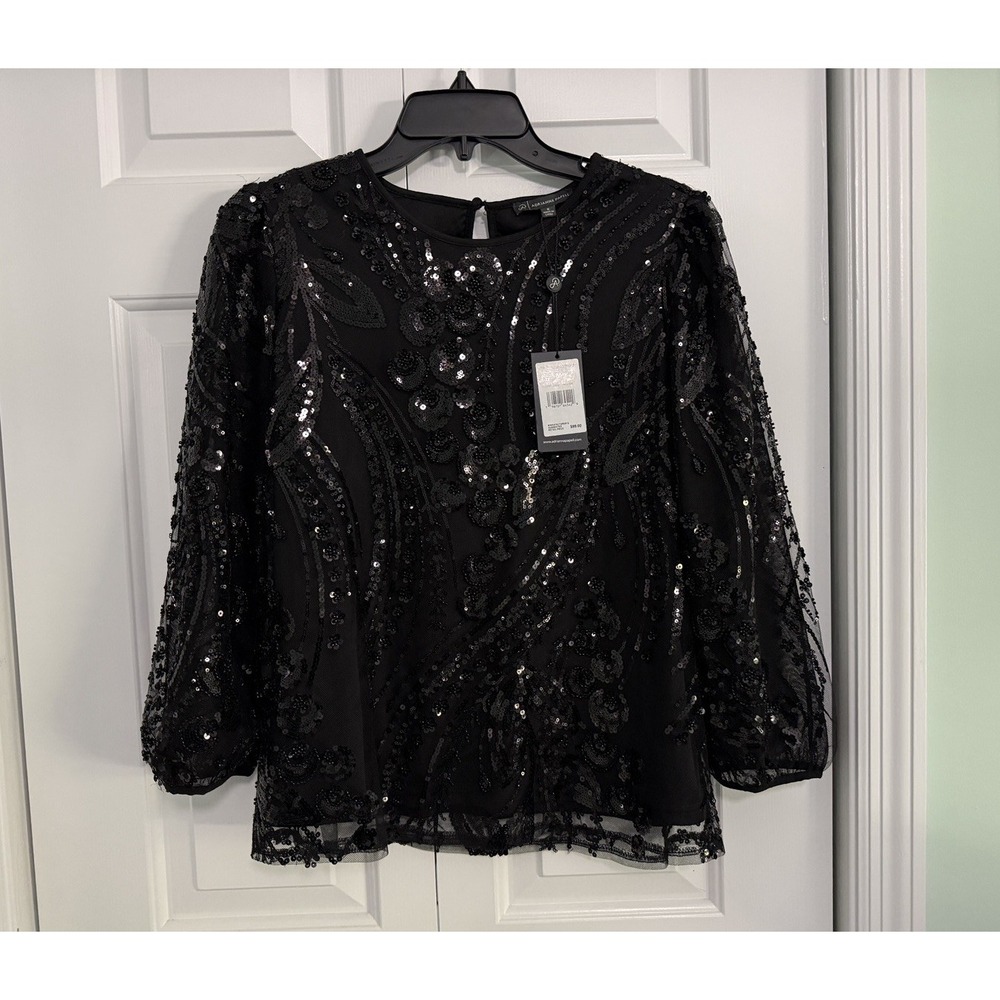 NWT Adrianna Papell Womens Sequin Embellished Long Sleeve Sz S Statement Top